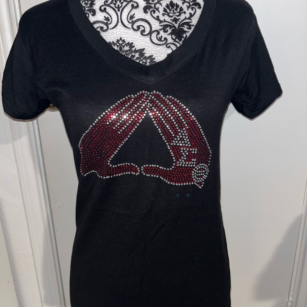 Delta Sigma Theta Black V-Neck Women Top with Red Rhinestone Design